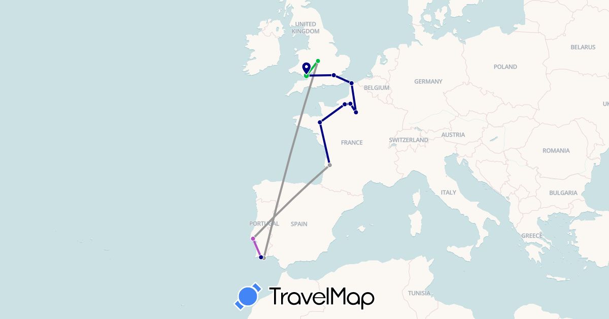 TravelMap itinerary: driving, bus, plane, train in France, United Kingdom, Portugal (Europe)