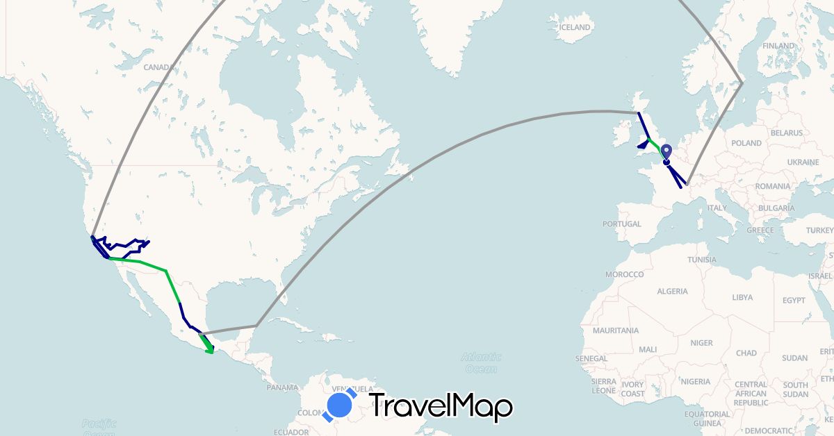 TravelMap itinerary: driving, bus, plane in Switzerland, France, United Kingdom, Mexico, Sweden, United States (Europe, North America)