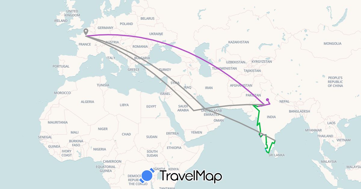 TravelMap itinerary: bus, plane, train, boat, motorbike in France, India, Qatar, Saudi Arabia (Asia, Europe)